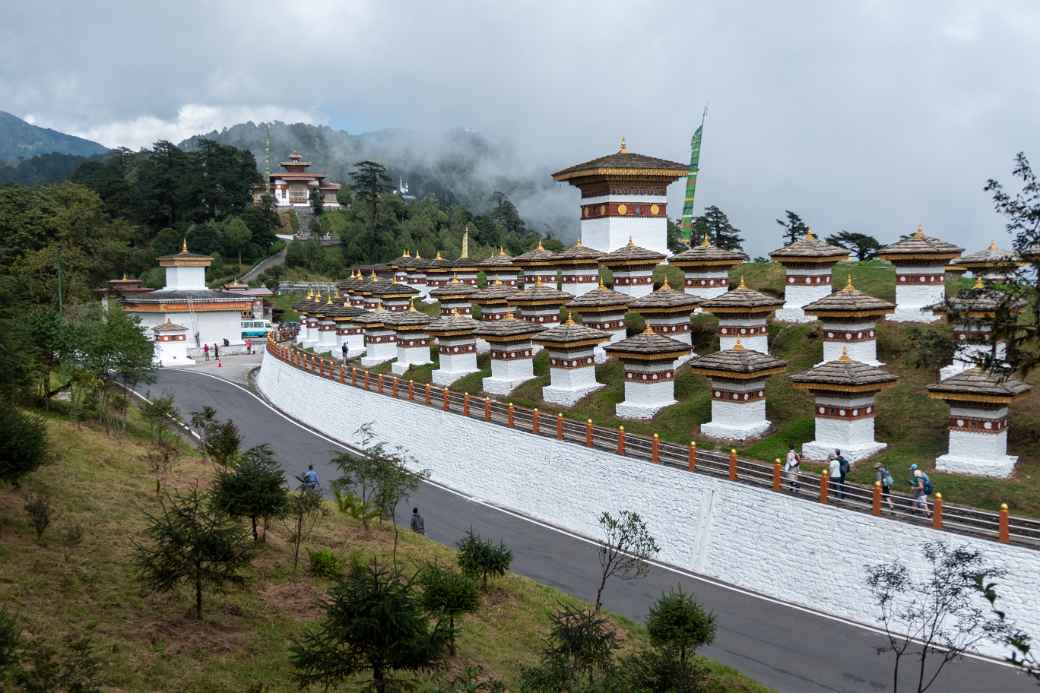 Memorial chortens and temple at Dochu La Pass