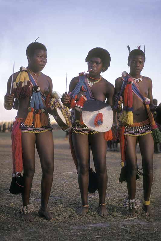 Three Girls Dancing Umcwasho Ceremony Swaziland